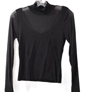 MNG-S- BLACK CASHMERE LONG SLEEVES - V MESH -- SCOOP NECK TOP